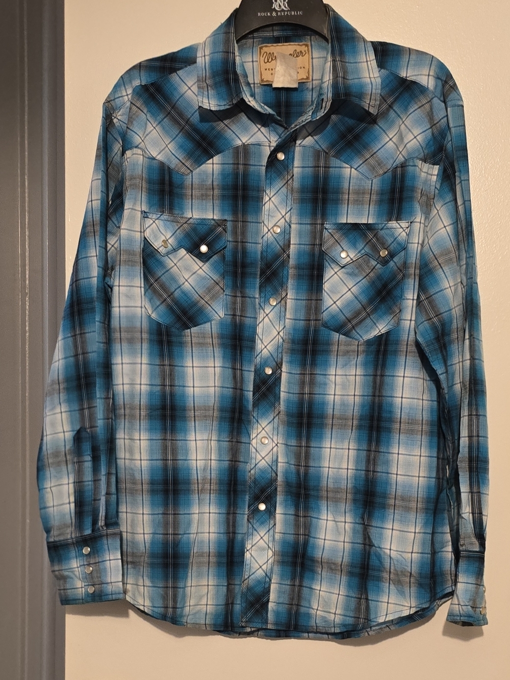 Wrangler Blue Plaid Western Snap Up Rodeo Cowboy Shirt Vintage